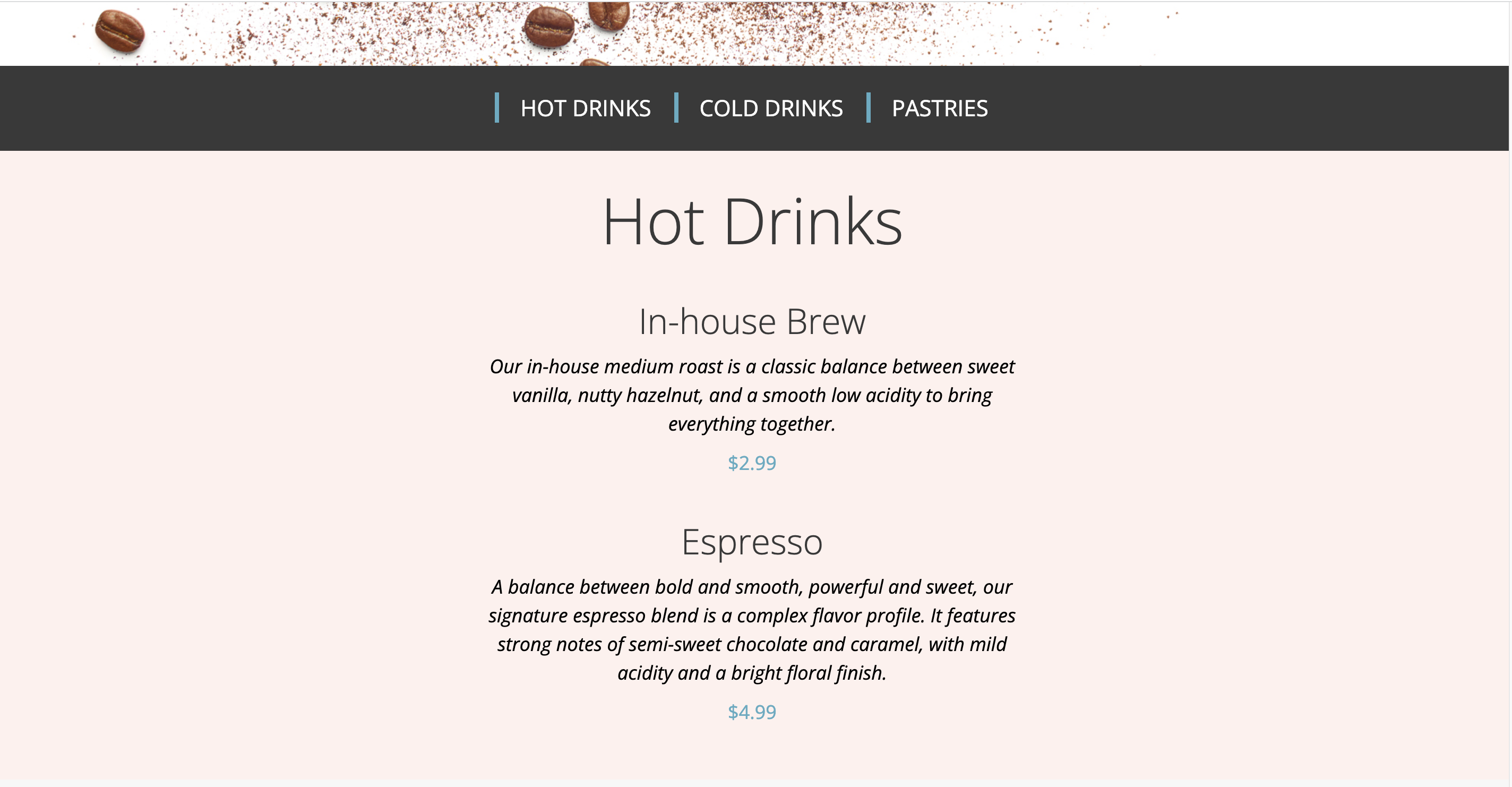 Menu Page Hot drinks section